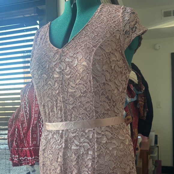 Blush Lace V-Neck Evening Dress - Elegant Women's Gown - Picture 5 of 6